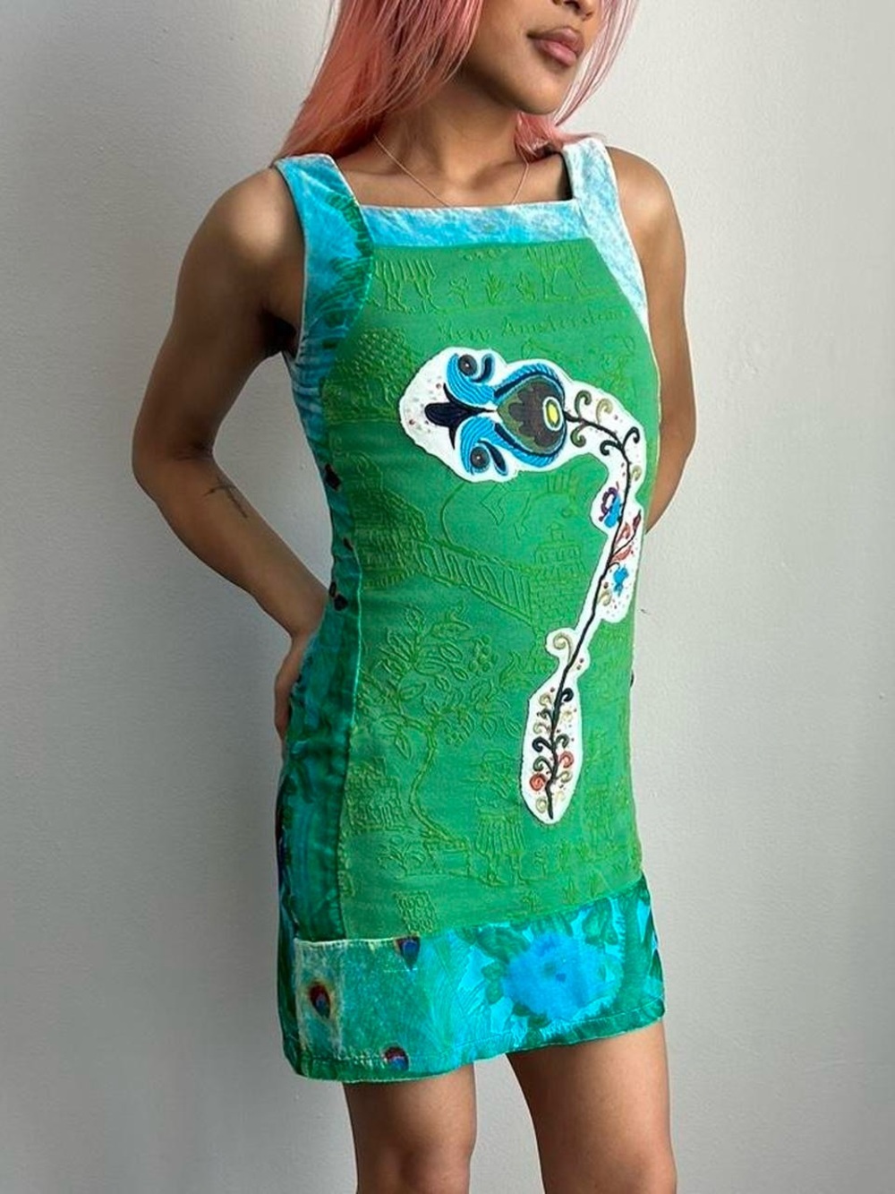 RARE Custo Barcelona Green and Turquoise velvet bird print mini Dress